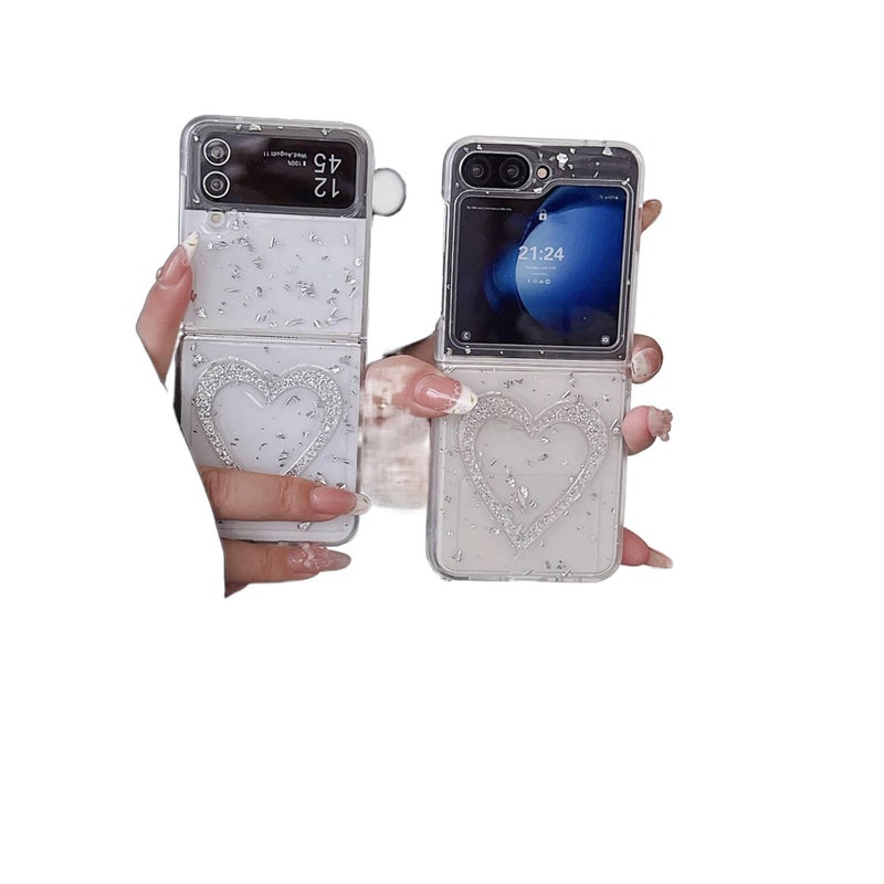 Protective Case | PC | Drop Protection | Resin Silver Foil Heart Pattern | White | Shockproof Cover for Samsung Galaxy Z Flip 5 - Image 2