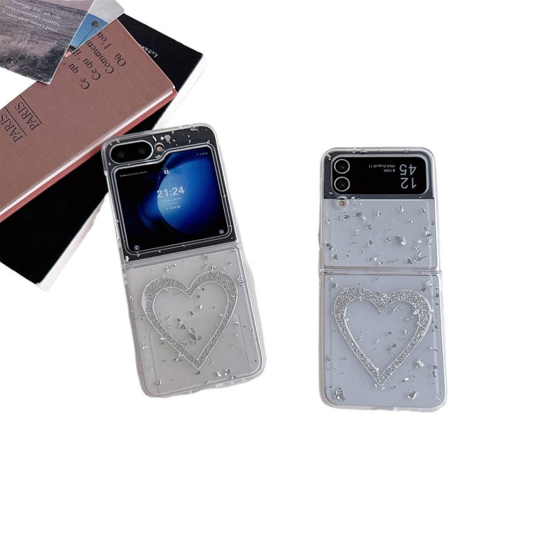 Protective Case | PC | Drop Protection | Resin Silver Foil Heart Pattern | White | Shockproof Cover for Samsung Galaxy Z Flip 5 - Image 4