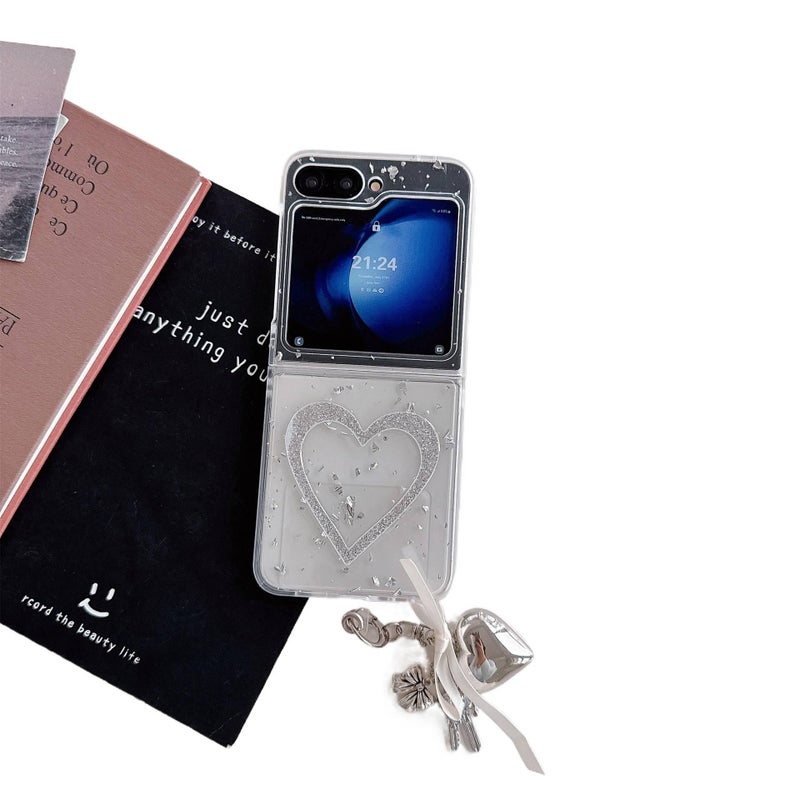 Protective Case | PC | Drop Protection | Resin Silver Foil Heart Pattern | White | Shockproof Cover for Samsung Galaxy Z Flip 5 - Image 1