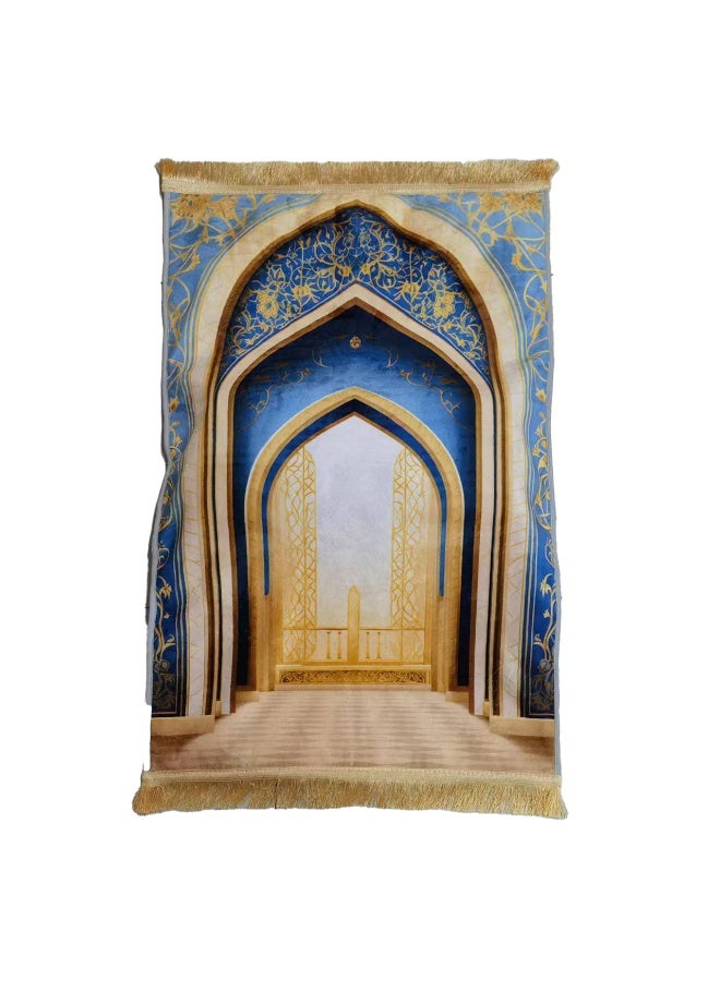 Luxury Islamic Prayer Mat Soft Velvet Carpet with Mosque Arch Design, Non-Slip & Portable – Blue - Image 4