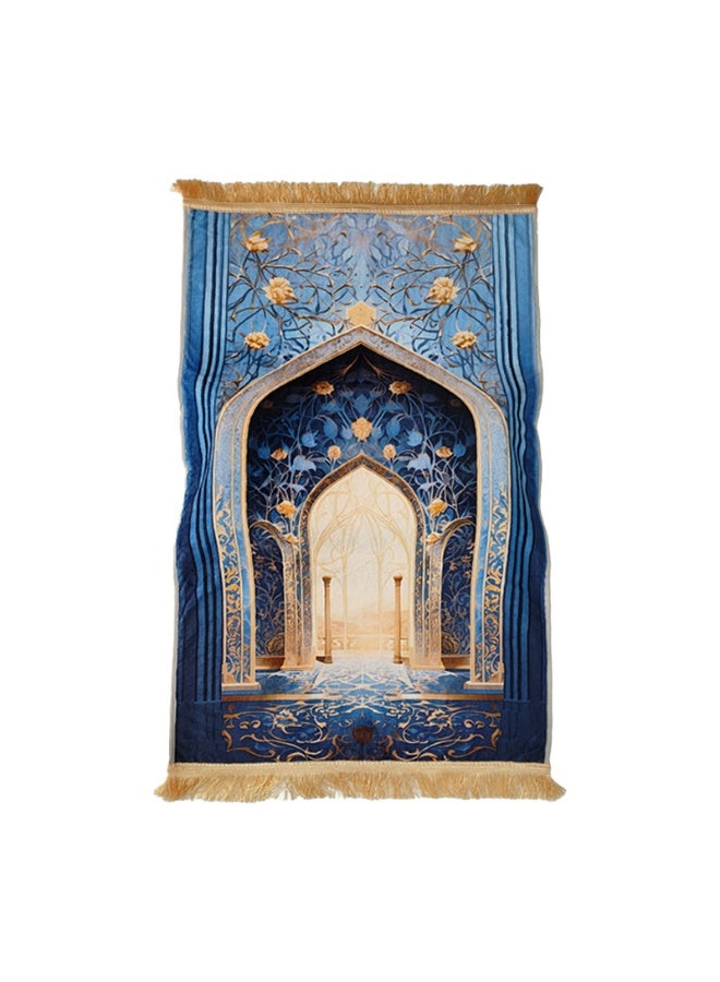 Luxury Islamic Prayer Mat Soft Velvet Carpet with Mosque Arch Design, Non-Slip & Portable – Blue - Image 1