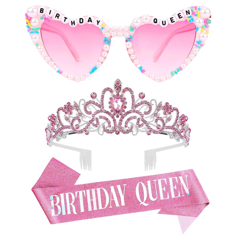 VELSCRUN Pink Birthday Queen Glasses, Birthday Queen Sash Tiara Crown for Women Girls, 3 Pcs Elegant Princess Crowns Hair Accessories Happy Birth Party Decorations Mom 30th 40th 50th Birth Gifts - Image 1