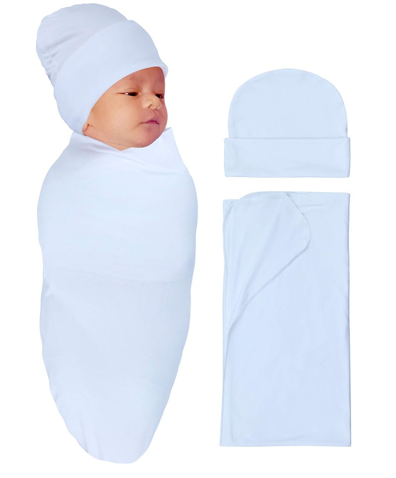 RATIVE Stretchy Swaddle Blanket Receiving Blankets with Headband Cap for Unisex Newborn Baby 0-3 Months Boys Girls (White(Blanket+Cap)) - Image 1
