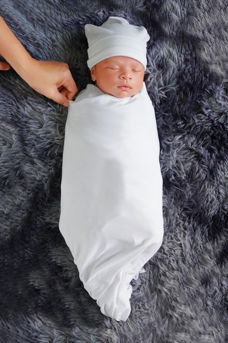 RATIVE Stretchy Swaddle Blanket Receiving Blankets with Headband Cap for Unisex Newborn Baby 0-3 Months Boys Girls (White(Blanket+Cap)) - Image 3