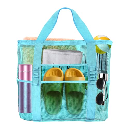 Yunaeduo Extra Large Mesh Beach Bag Lightweight Foldable Family Beach Bag with 9 Pockets for Toys Towels Vacation Essentials Blue - Image 1