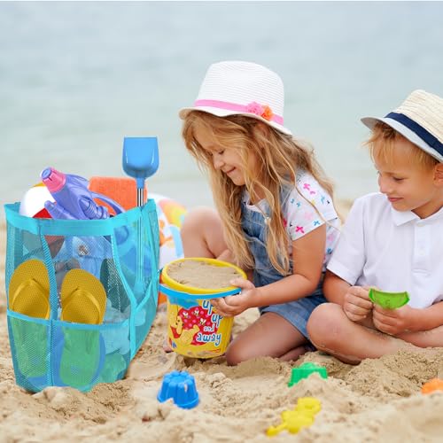 Yunaeduo Extra Large Mesh Beach Bag Lightweight Foldable Family Beach Bag with 9 Pockets for Toys Towels Vacation Essentials Blue - Image 3