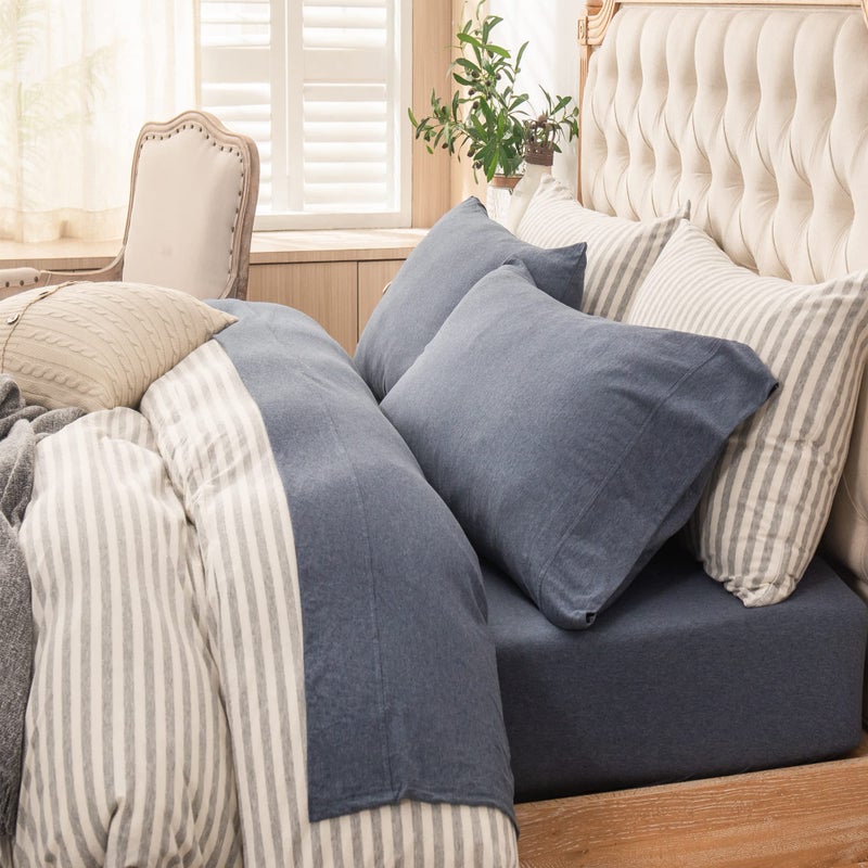 PURE ERA Jersey Knit 4pc Bed Sheet Set 100 TShirt Heather Cotton Super Soft Comfy Breathable Fits Mattress Up to 20 Extra Deep Pocket Heather Navy Blue Queen