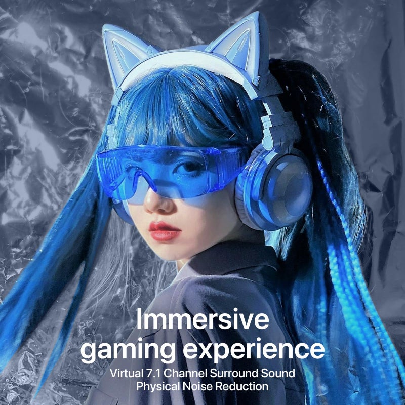 YOWU سماعات يوي Cat Ear 3G، RGB لاسلكية/سلكية 5.0 قابلة للطي مع صوت محيطي 7.1، ميكروفون مدمج وإضاءة وتأثيرات قابلة للتخصيص عبر التطبيق، كابل صوتي شحن Type-C (أزرق) - Image 2