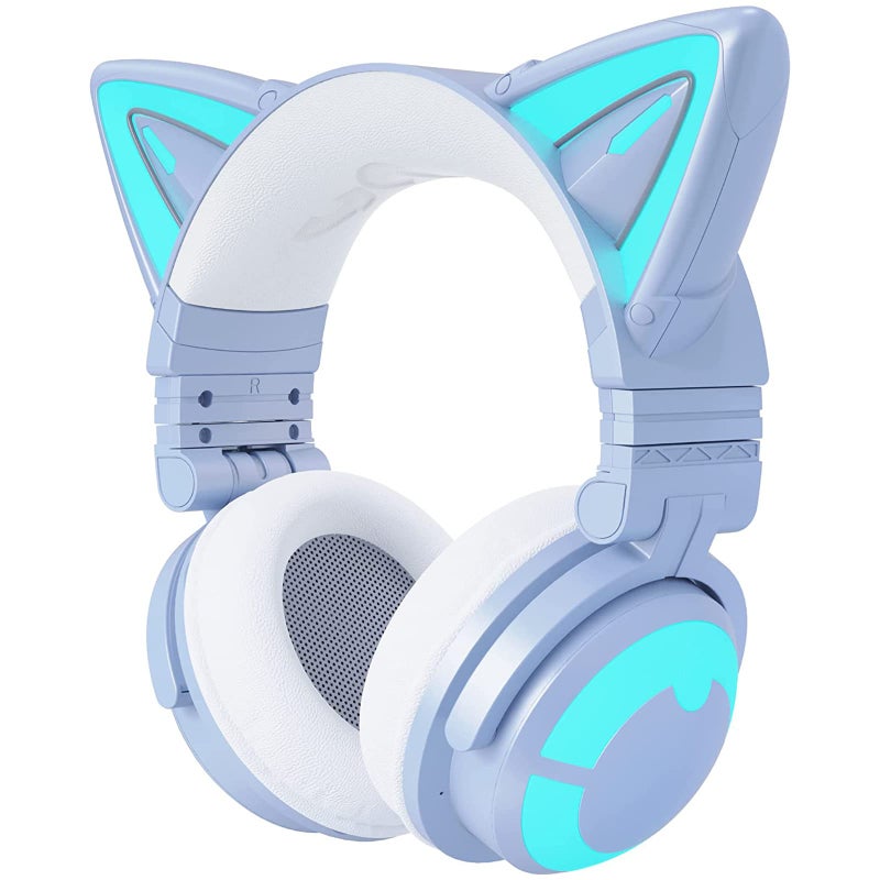 YOWU سماعات يوي Cat Ear 3G، RGB لاسلكية/سلكية 5.0 قابلة للطي مع صوت محيطي 7.1، ميكروفون مدمج وإضاءة وتأثيرات قابلة للتخصيص عبر التطبيق، كابل صوتي شحن Type-C (أزرق) - Image 1