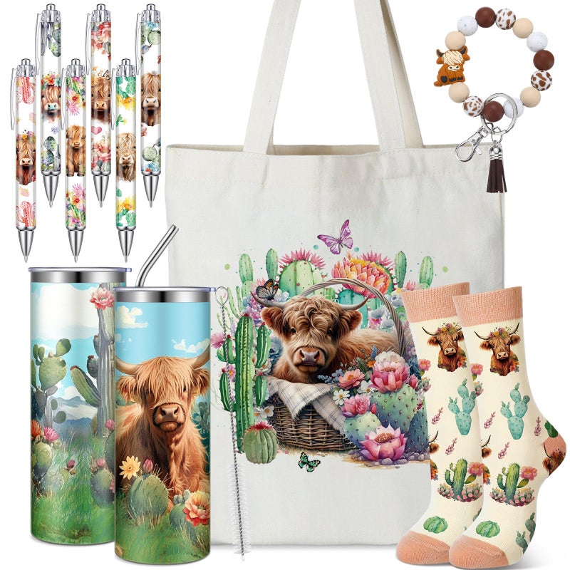 Skylety 5 Pcs Highland Cow Gifts Set for Women 20 oz Tumbler Floral Canvas Bag Pen Socks Silicone Keychain for Mom Sister Cow Lover Cute Christmas Birthday GiftsCactus - Image 2