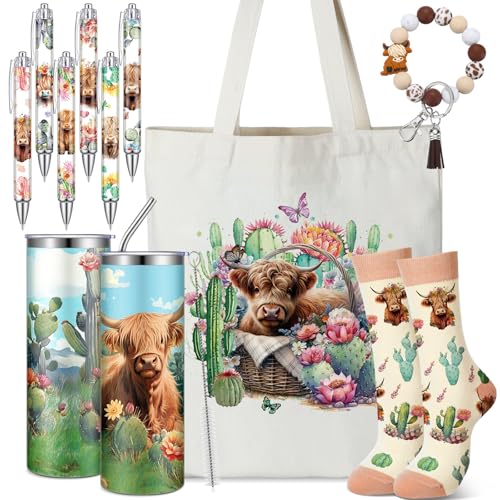 Skylety 5 Pcs Highland Cow Gifts Set for Women 20 oz Tumbler Floral Canvas Bag Pen Socks Silicone Keychain for Mom Sister Cow Lover Cute Christmas Birthday GiftsCactus - Image 1