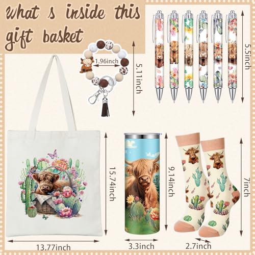 Skylety 5 Pcs Highland Cow Gifts Set for Women 20 oz Tumbler Floral Canvas Bag Pen Socks Silicone Keychain for Mom Sister Cow Lover Cute Christmas Birthday GiftsCactus - Image 3