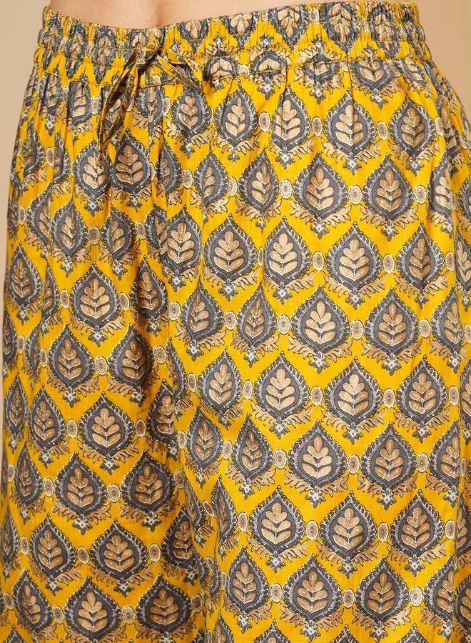 globus Globus Women Mustard Allover Floral Print Alia Cut Knee Length Kurta With Sharara & Dupatta Festive Wear Set by Styli - Image 5