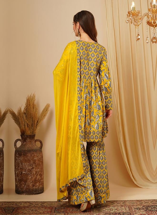 globus Globus Women Mustard Allover Floral Print Alia Cut Knee Length Kurta With Sharara & Dupatta Festive Wear Set by Styli - Image 3