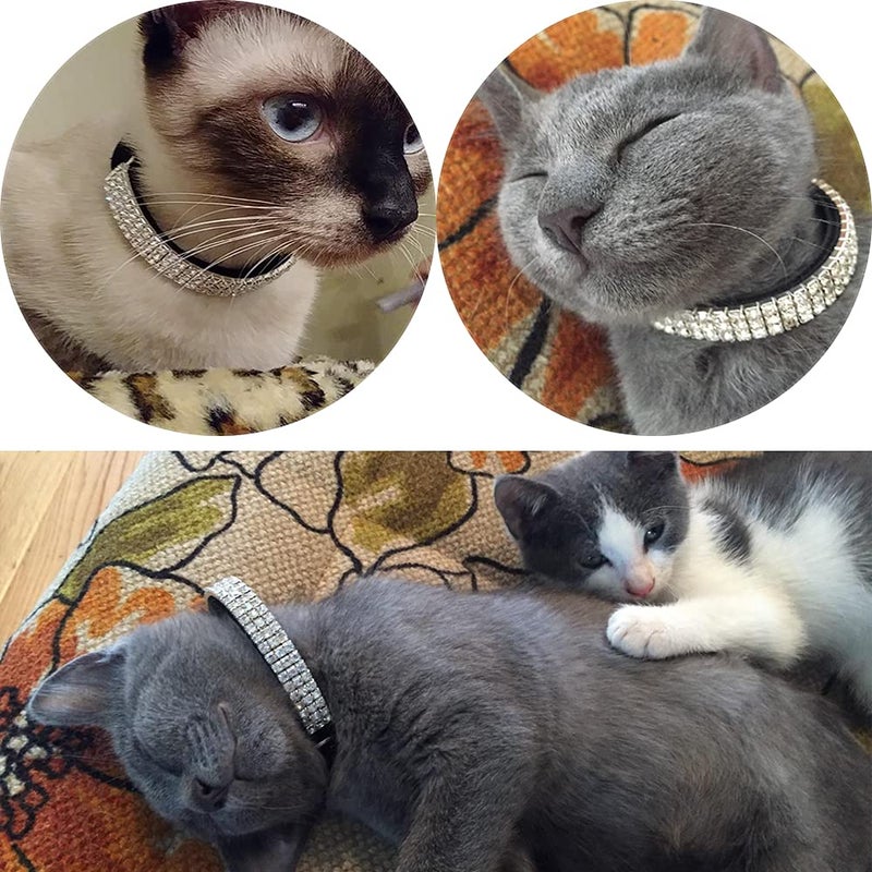 CHUKCHI Soft Velvet Safe Cat Adjustable Collar Bling Diamante with Bells,2 Pcs Black+Red - Image 2