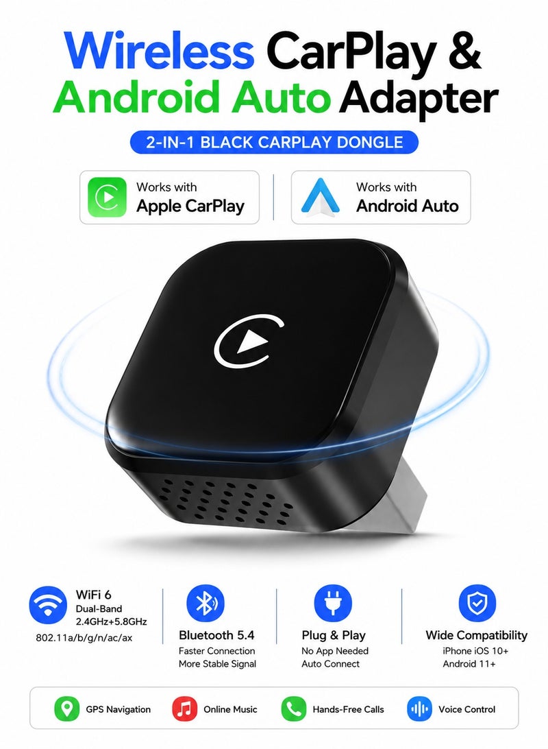 محول لاسلكي Mini CarPlay وAndroid Auto 2 في 1، تحويل CarPlay السلكي إلى لاسلكي، اتصال تلقائي سريع، WiFi 6 + Bluetooth 5.4، بث مستقر للملاحة والمكالمات والموسيقى داخل السيارة - Image 1