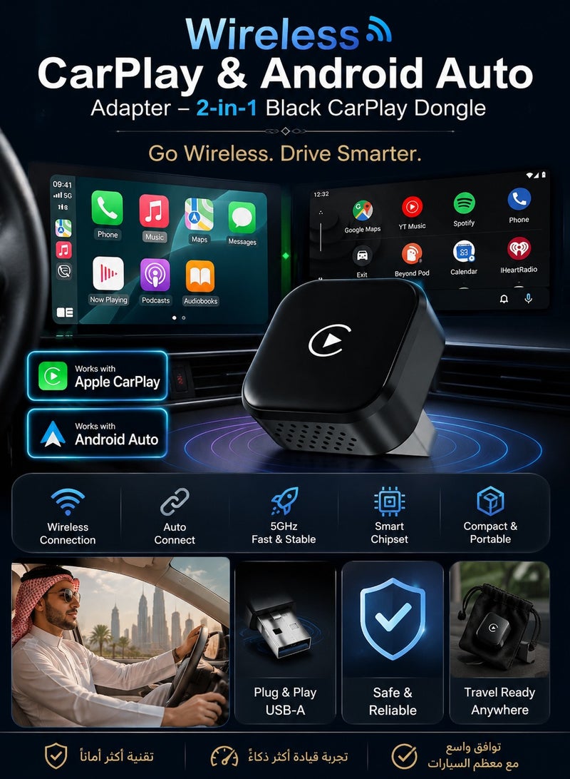 محول لاسلكي Mini CarPlay وAndroid Auto 2 في 1، تحويل CarPlay السلكي إلى لاسلكي، اتصال تلقائي سريع، WiFi 6 + Bluetooth 5.4، بث مستقر للملاحة والمكالمات والموسيقى داخل السيارة - Image 2