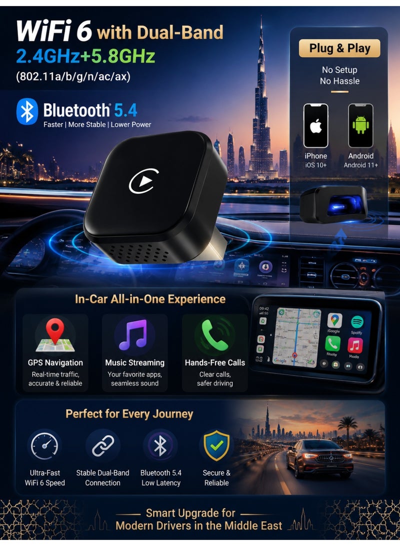 محول لاسلكي Mini CarPlay وAndroid Auto 2 في 1، تحويل CarPlay السلكي إلى لاسلكي، اتصال تلقائي سريع، WiFi 6 + Bluetooth 5.4، بث مستقر للملاحة والمكالمات والموسيقى داخل السيارة - Image 3