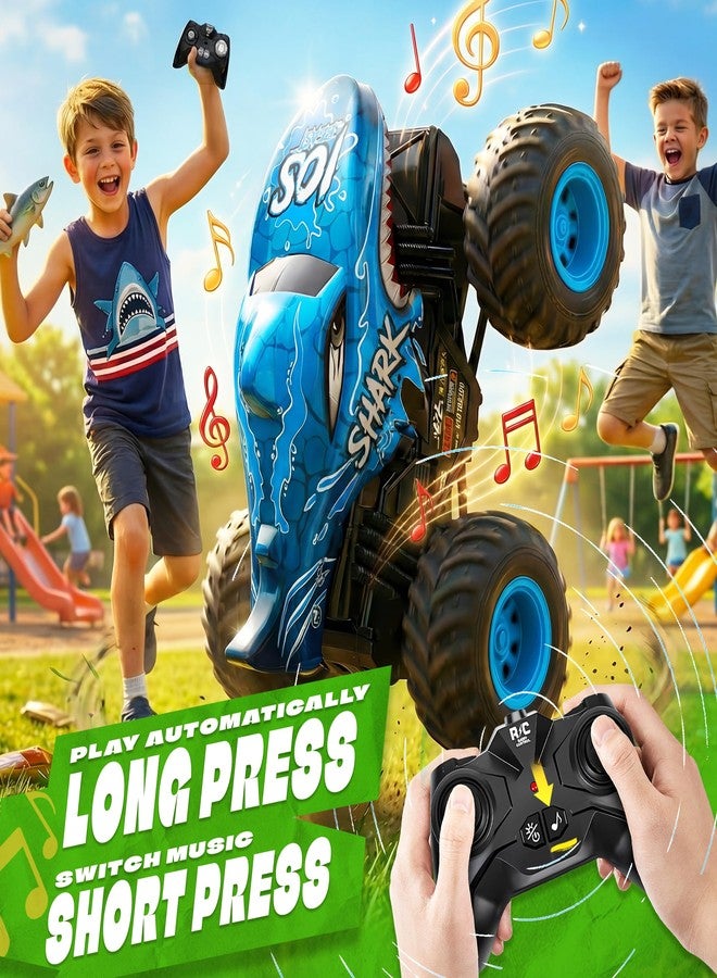بيزغار ألعاب شاحنات الوحش من بيزجار - شاحنة وحش تعمل بجهاز تحكم عن بعد مع أضواء وموسيقى، ألعاب ديناصورات للأطفال، شاحنة تحكم عن بعد بمقياس 1:20 مع دوران 360 درجة وانجراف، سيارة تحكم عن بعد للأولاد (أزرق) - Image 4