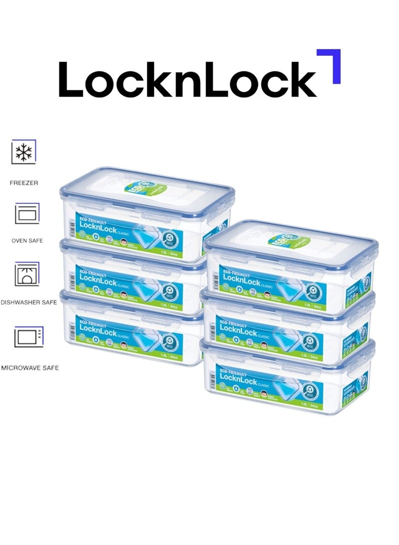 حاويات طعام مستطيلة من لوكن لوك مع أغطية مجموعة من 6 - حاويات تخزين طعام بلاستيكية محكمة الهواء ومقاومة للماء، خالية من BPA وآمنة في غسالة الصحون، 6 × 1 لتر