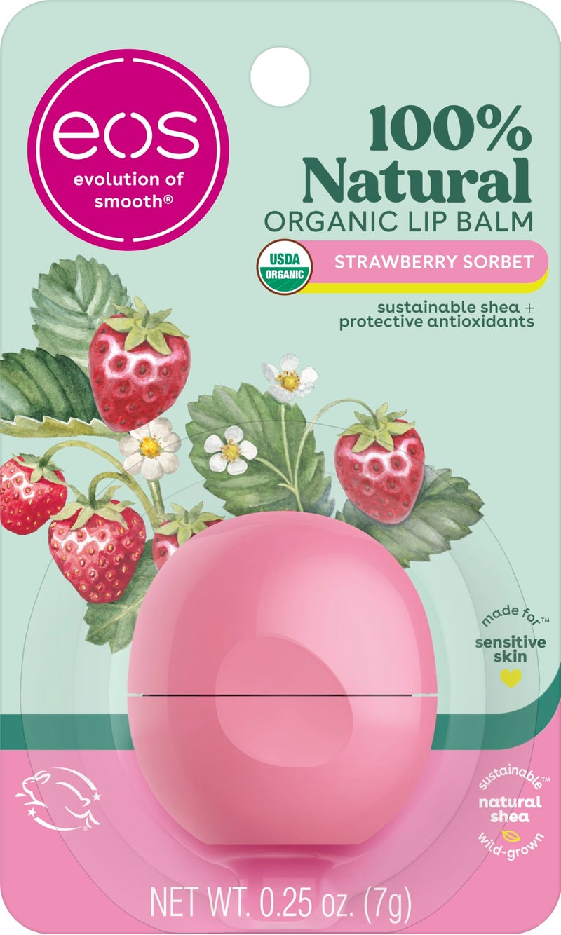 eos 100% Natural & Organic Lip Balm- Strawberry Sorbet, All-Day Moisture, Dermatologist Recommended for Sensitive Skin, Lip Care Products, 0.25 oz - Image 1