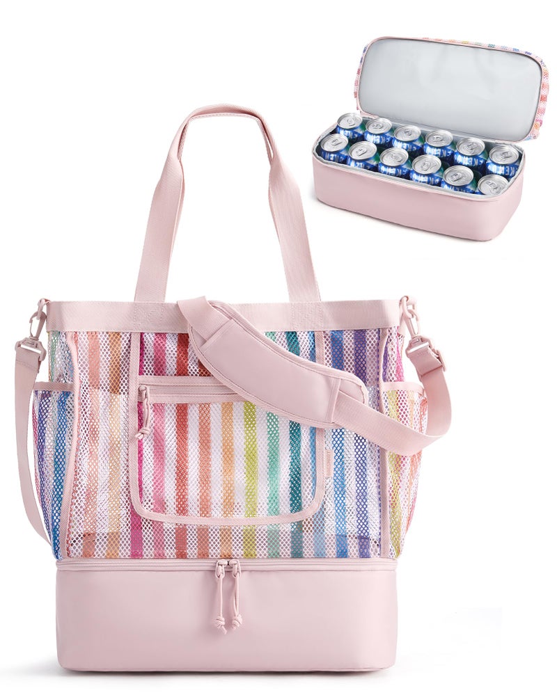 BAGSMART Beach Bag for Women Mesh Tote Bags with Zipper Sandproof Vacation Essentials with Cooler for Swim Cruise Pool Rainbow - Image 2