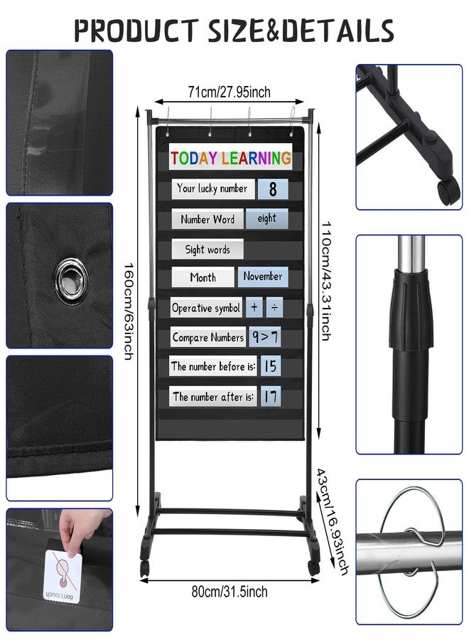 Dinifee 8 Pcs Adjustable Pocket Chart Stand Set Include 1 Standard Pocket Chart 6 Replacement Rings and 1 Adjustable Stand for Classrooms Home Teacher Lessons Educational Tools(Black) - Image 2