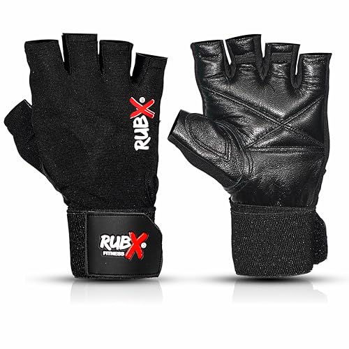 RUBX Leather Gym Gloves for Men & Women with Wrist Support – Half Finger Workout Gloves for Weightlifting, Training, Fitness, Biking, Hand Protection & Grip Strength – Gym Accessories (Black-Size-L) - Image 1