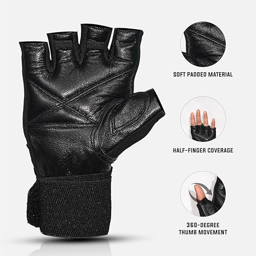 RUBX Leather Gym Gloves for Men & Women with Wrist Support – Half Finger Workout Gloves for Weightlifting, Training, Fitness, Biking, Hand Protection & Grip Strength – Gym Accessories (Black-Size-L) - Image 2