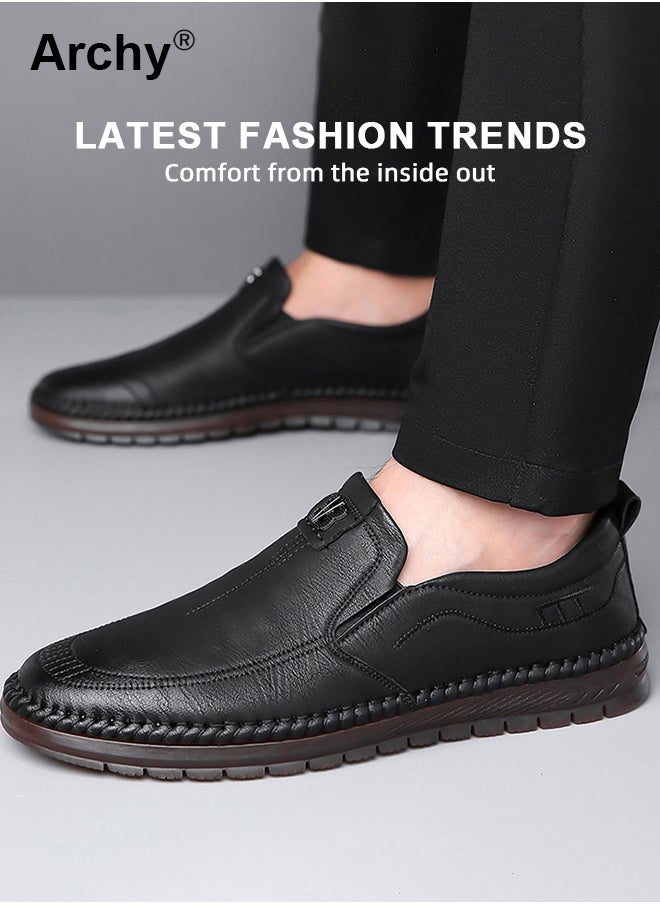 أرشي حذاء مسطح كاجوال سهل الارتداء للرجال برأس مستدير ونعل ناعم وخياطة منخفضة وأحذية جلدية للأعمال للرجال مقاومة للتآكل ومضادة للانزلاق ومريحة للمشي في الهواء الطلق - Image 1