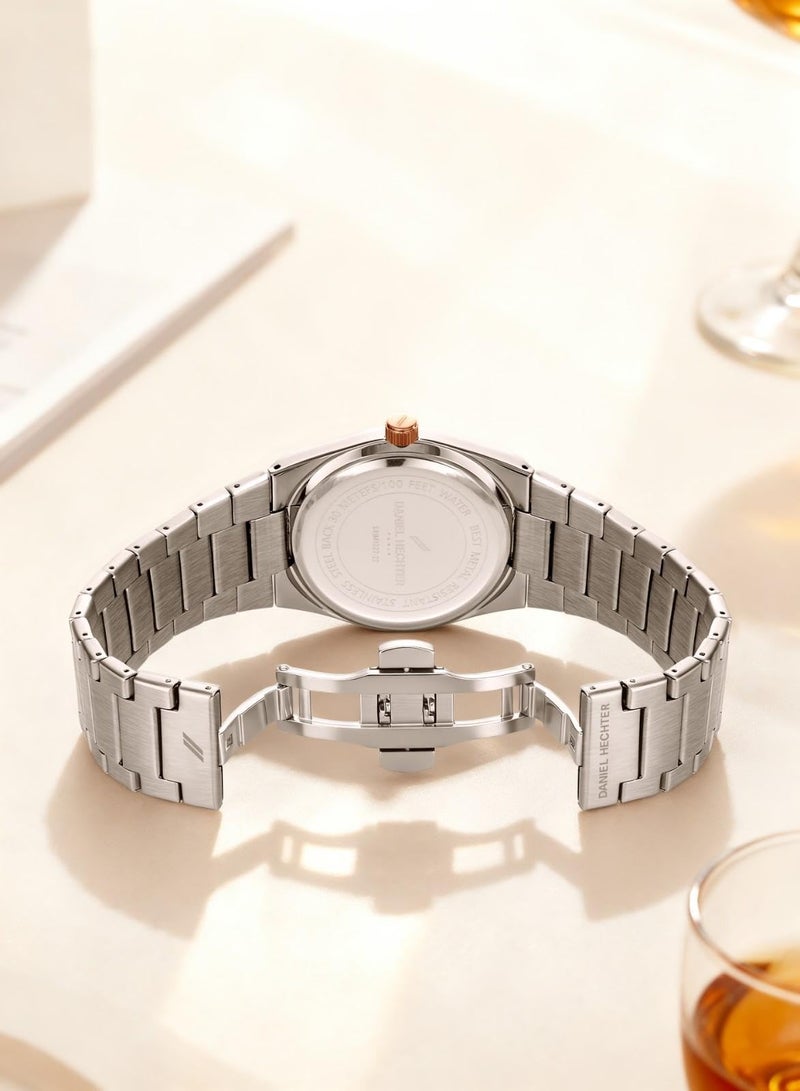 Daniel Hechter Hoche Collection Classic Analog Watch for Men – Textured Dial,Crystal Indices with Fluted Bezel, Date Display and Silver Stainless Steel Strap (White) - Image 5