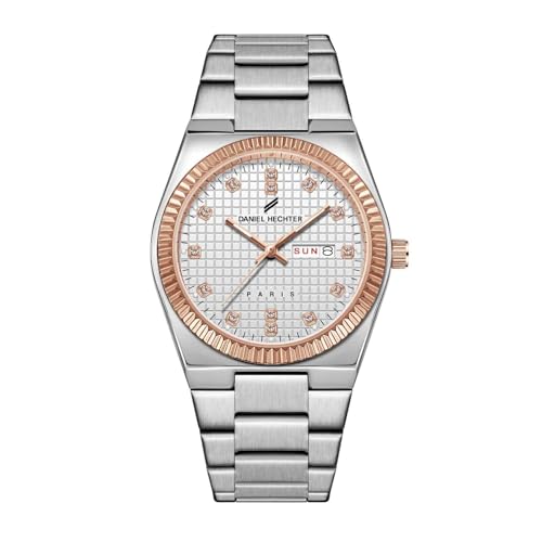 Daniel Hechter Hoche Collection Classic Analog Watch for Men – Textured Dial,Crystal Indices with Fluted Bezel, Date Display and Silver Stainless Steel Strap (White) - Image 1