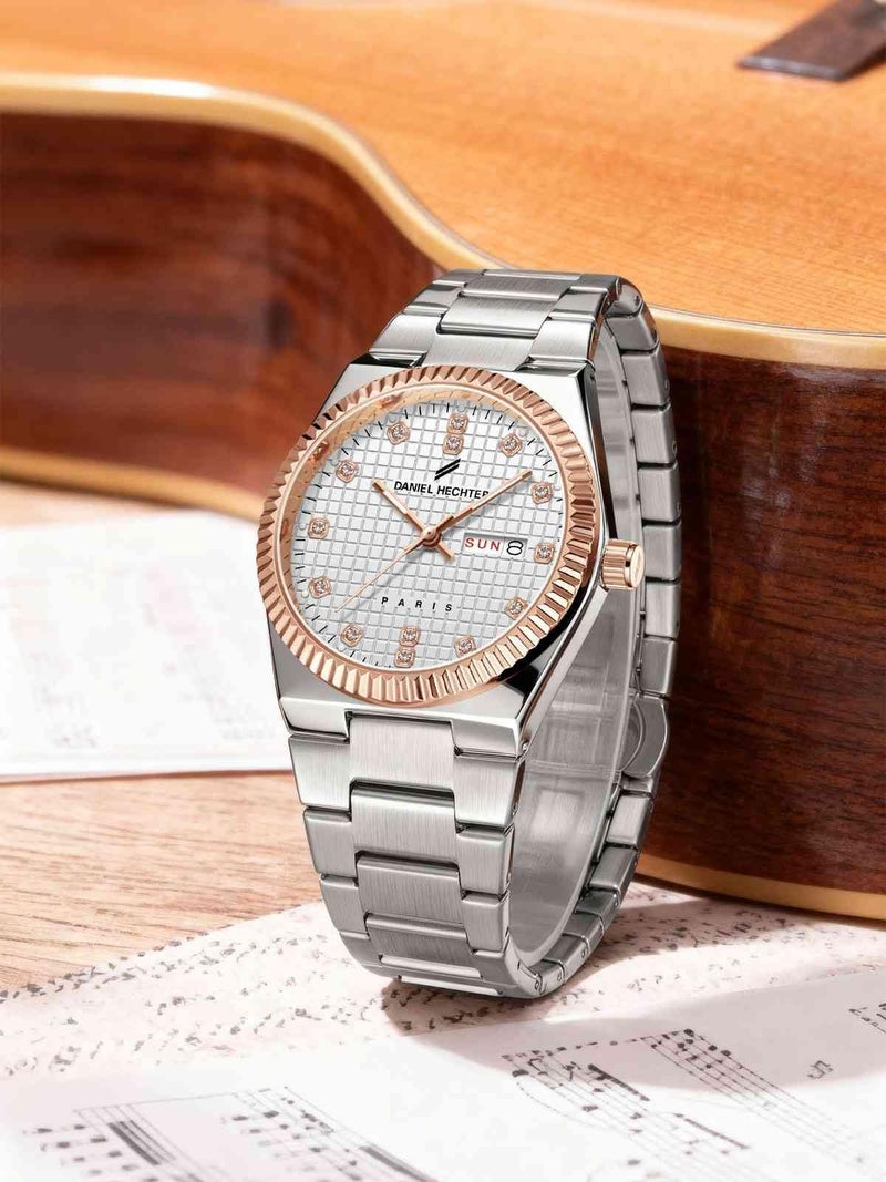 Daniel Hechter Hoche Collection Classic Analog Watch for Men – Textured Dial,Crystal Indices with Fluted Bezel, Date Display and Silver Stainless Steel Strap (White) - Image 3