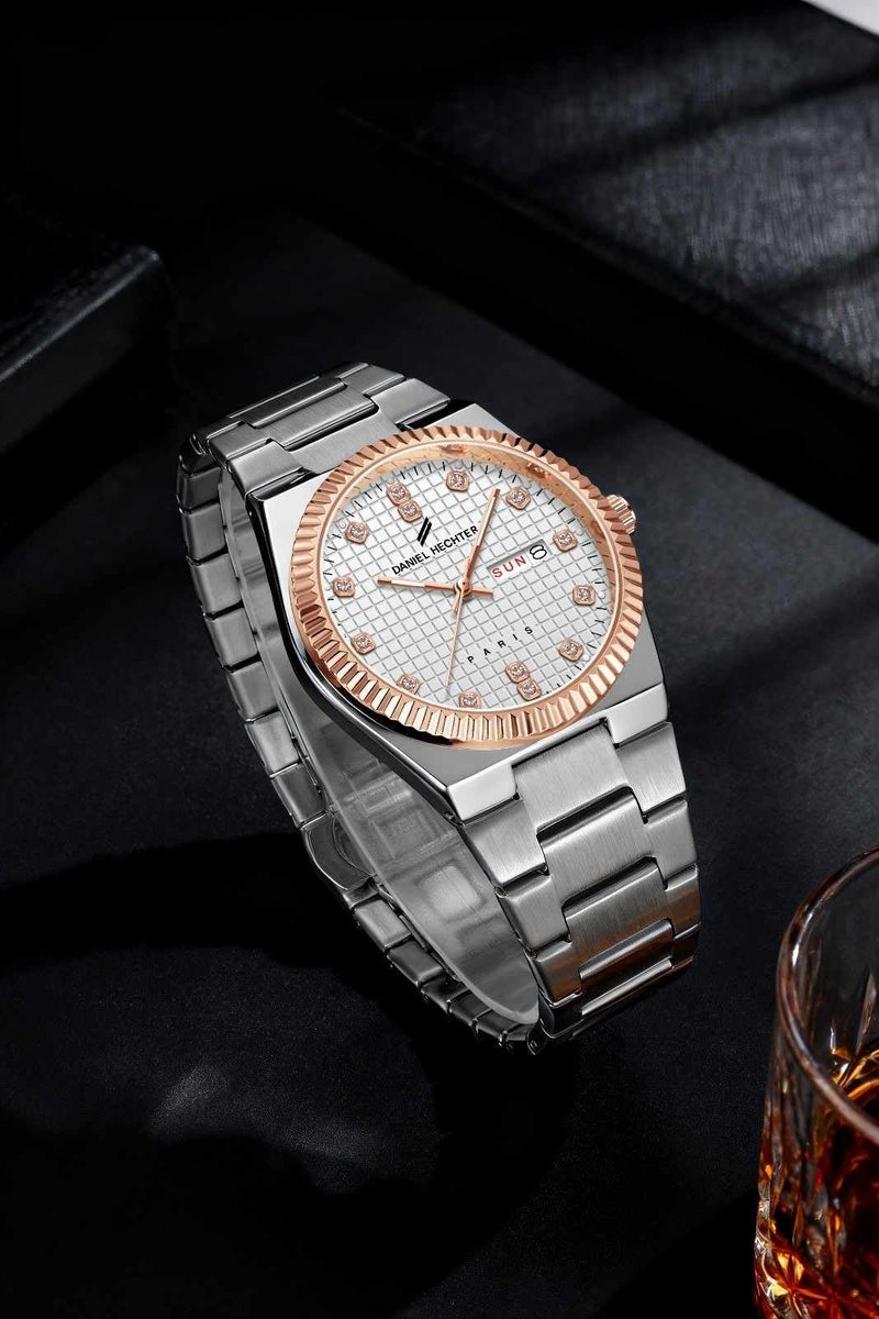 Daniel Hechter Hoche Collection Classic Analog Watch for Men – Textured Dial,Crystal Indices with Fluted Bezel, Date Display and Silver Stainless Steel Strap (White) - Image 4
