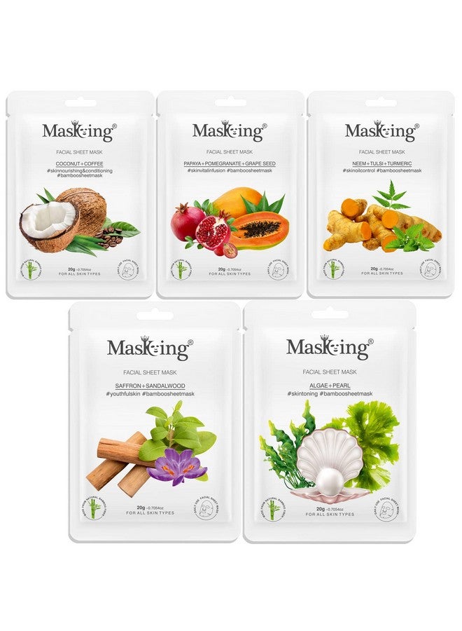 MasKing Bamboo Facial Sheet Mask of Coffee, Papaya, Neem, Saffron & Algae Ideal for Women & Men, 100ml (Combo Pack of 5) - Image 1