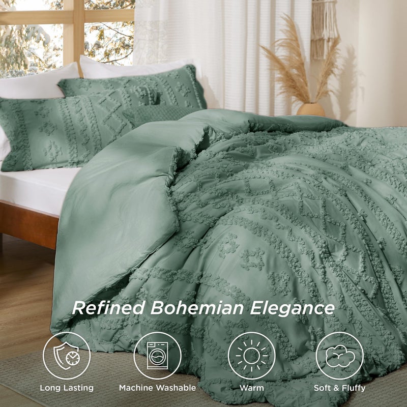 Bedsure Tufted Boho Comforter Set King Size - Green Boho Bed Set, GentleSoftâ„¢ 3 Pieces Farmhouse Shabby Chic Embroidery Bedding, Gifts for Woman, Soft Jacquard King Comforter for All Seasons - Image 2