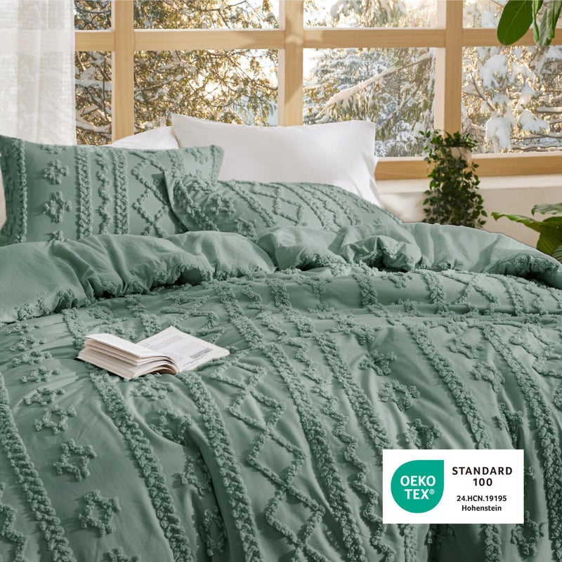 Bedsure Tufted Boho Comforter Set King Size - Green Boho Bed Set, GentleSoftâ„¢ 3 Pieces Farmhouse Shabby Chic Embroidery Bedding, Gifts for Woman, Soft Jacquard King Comforter for All Seasons - Image 5