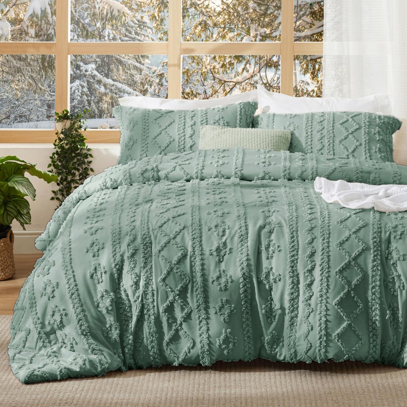 Bedsure Tufted Boho Comforter Set King Size - Green Boho Bed Set, GentleSoftâ„¢ 3 Pieces Farmhouse Shabby Chic Embroidery Bedding, Gifts for Woman, Soft Jacquard King Comforter for All Seasons - Image 1