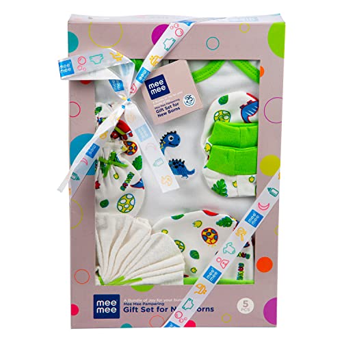 Mee Mee New Born Baby Gift Set | Soft Cotton Clothing Essentials for Infants/Baby Girls, Boys | Baby Shower Clothing Hamper (5 Pieces, Green)| Ideal Gift for New Born Baby - Image 1