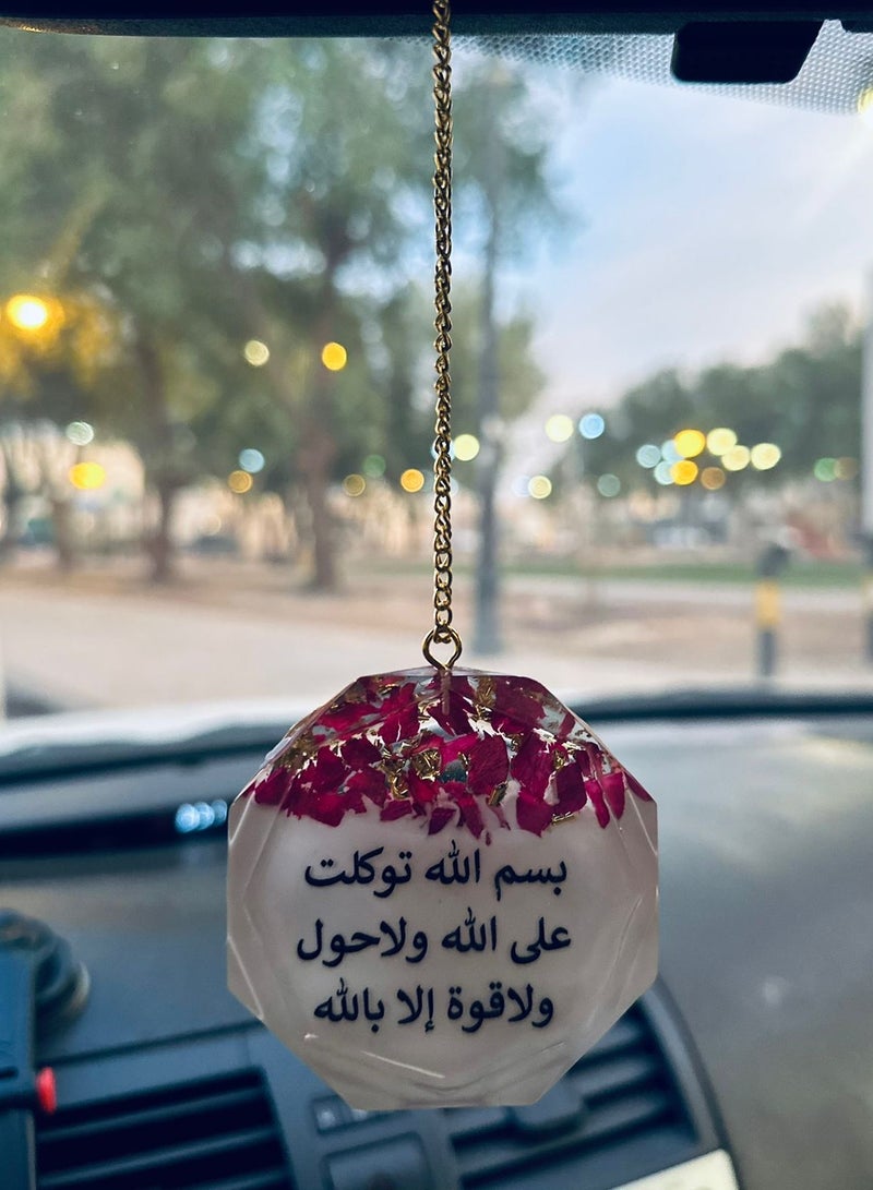 An elegant two-sided car decoration pendant embroidered with gold leaf and dried roses from luxurious resin - Image 1