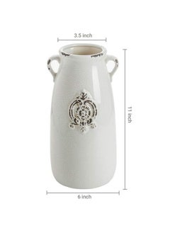 MyGift Farmhouse White Ceramic Vase With Handle And Embossed Seal Design Antique Jug Shaped Tabletop Flower Vase  - Image 5