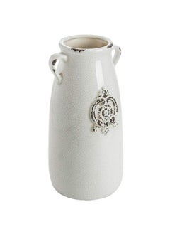 MyGift Farmhouse White Ceramic Vase With Handle And Embossed Seal Design Antique Jug Shaped Tabletop Flower Vase  - Image 2
