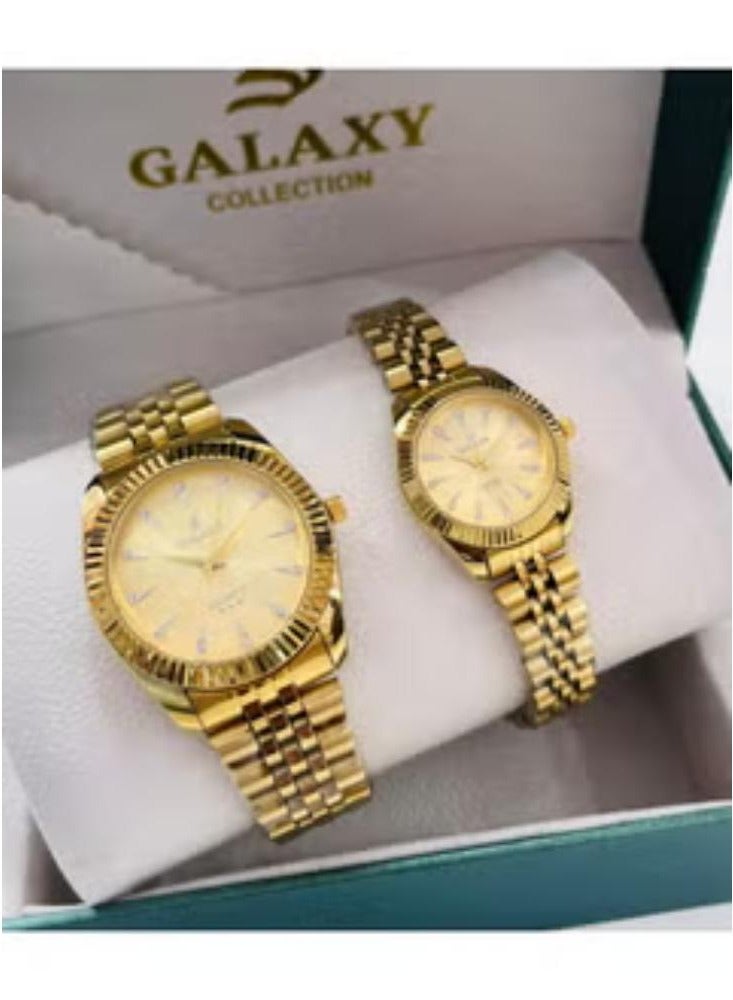 Galaxy Beautiful couple watches Fashion stainless steel chain watches Set of two Gold