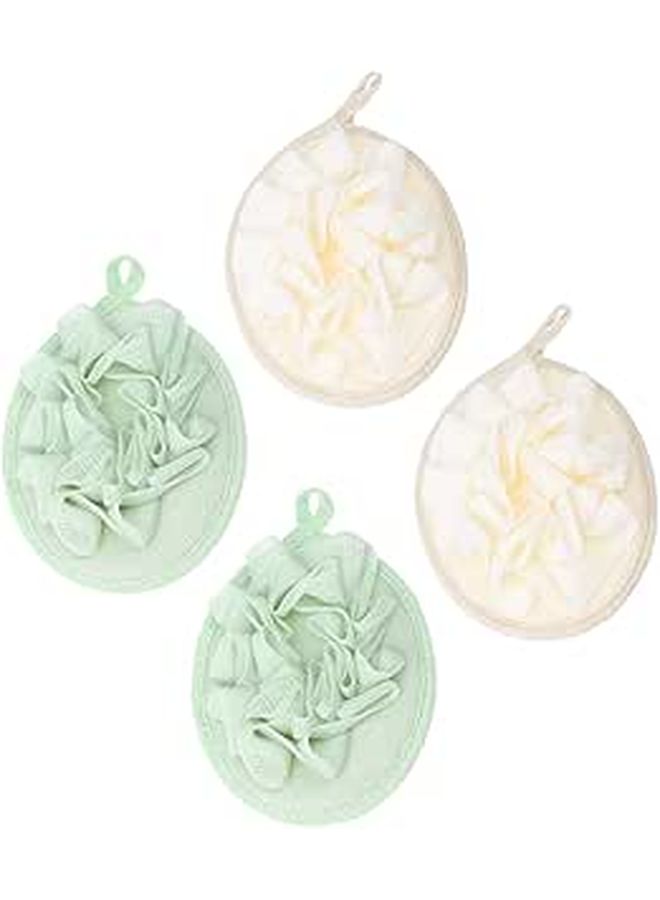 Garneck 4pc Bath Poufs Beige Dark Green Soft Exfoliating Shower Sponge Set - Image 1