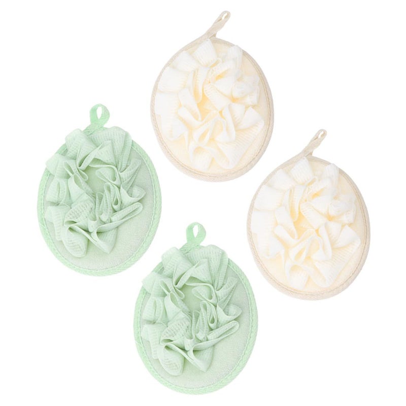 Garneck 4pc Bath Poufs Beige Dark Green Soft Exfoliating Shower Sponge Set - Image 2