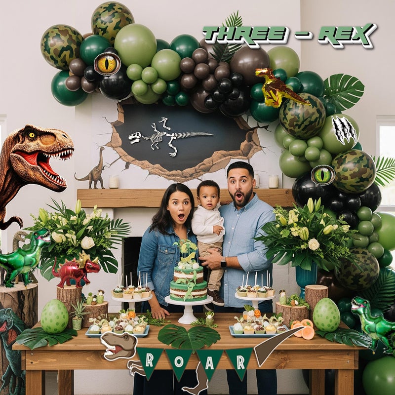 kozee Dinosaur Birthday Party Decorations hunter Green black brown balloon arch kit with mini dino Foil balloons ROAR Banner Dinosaur eye stickers for jungle adventure Boy Scouts three rex Jurassic Supplies - Image 5