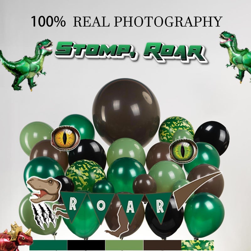 kozee Dinosaur Birthday Party Decorations hunter Green black brown balloon arch kit with mini dino Foil balloons ROAR Banner Dinosaur eye stickers for jungle adventure Boy Scouts three rex Jurassic Supplies - Image 3