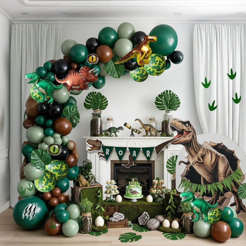 kozee Dinosaur Birthday Party Decorations hunter Green black brown balloon arch kit with mini dino Foil balloons ROAR Banner Dinosaur eye stickers for jungle adventure Boy Scouts three rex Jurassic Supplies - Image 2