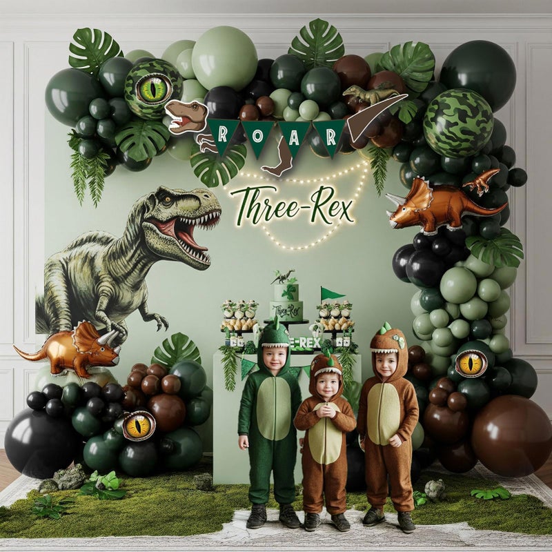 kozee Dinosaur Birthday Party Decorations hunter Green black brown balloon arch kit with mini dino Foil balloons ROAR Banner Dinosaur eye stickers for jungle adventure Boy Scouts three rex Jurassic Supplies - Image 4