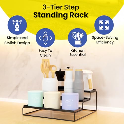 WonderStand Metal TRIZEN | 3-Step Kitchen Countertop Spice Rack Container Utensil Holder Organizer (Black) - Image 2